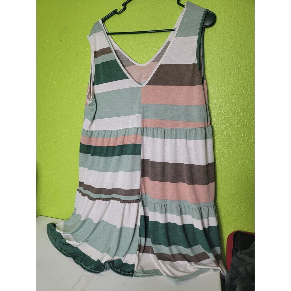 white birch Sleeveless Striped V-Neck Babydoll Top in Mint, Pink & Brown
